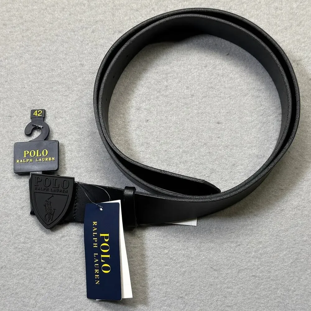 Polo Ralph Lauren Men's Shield-Buckle Leather Belt W/ free socks, Black 42W $99